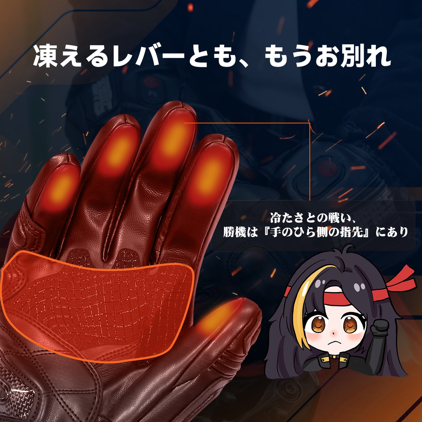 Hompres 2025年 電熱グローブ 全体PU革電熱グローブ 11.1V両面全体発熱 手のひらと同面の指先発熱 残量表示 シガー電源ケーブル付き インナーグローブ付き モデルB