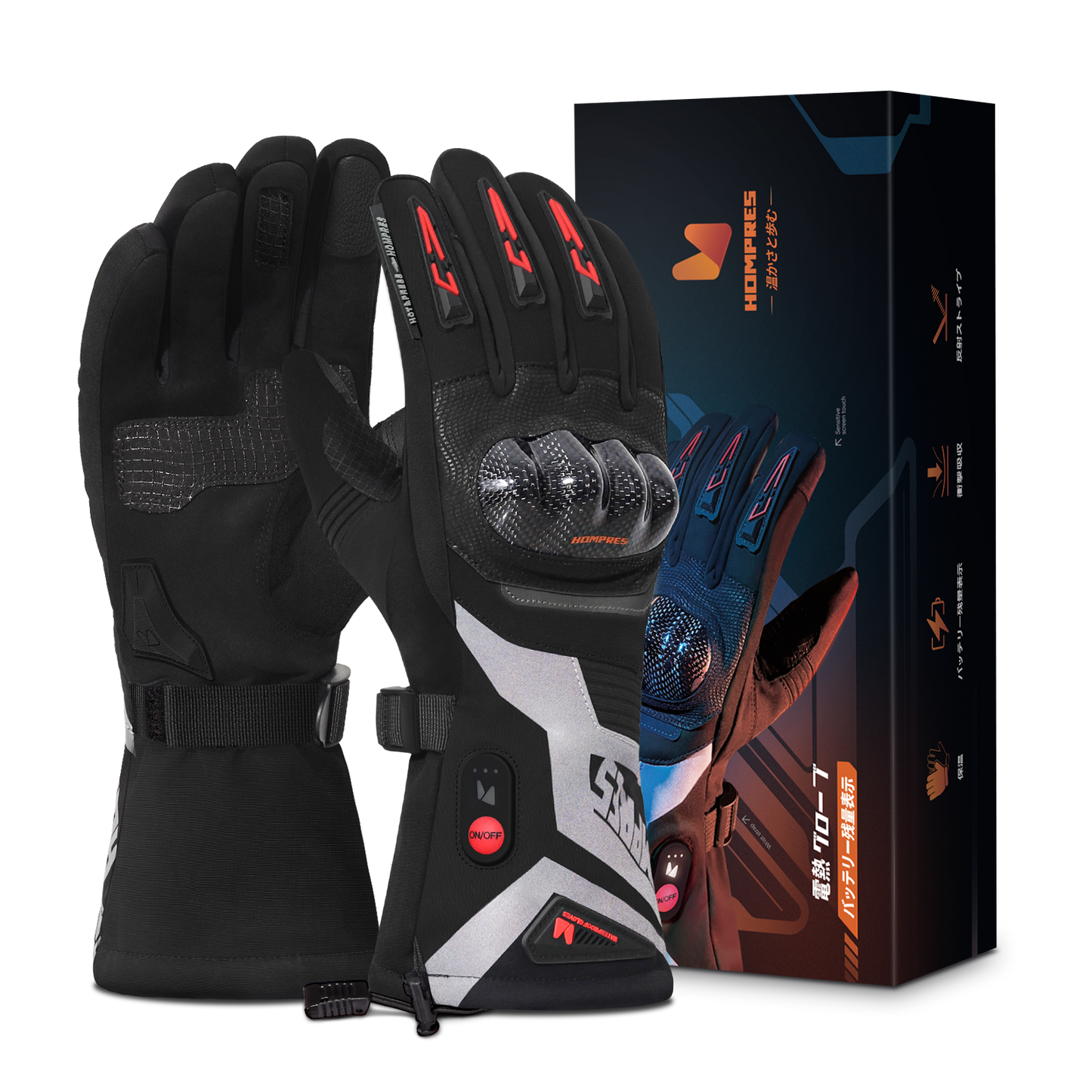 Hompres 電熱グローブ 11.1V バッテリー残量表示 バイク用  防寒防風防水 スマホ対応 滑り止め 4段階温度調節 バッテリー&シガー給電 Aタイプ