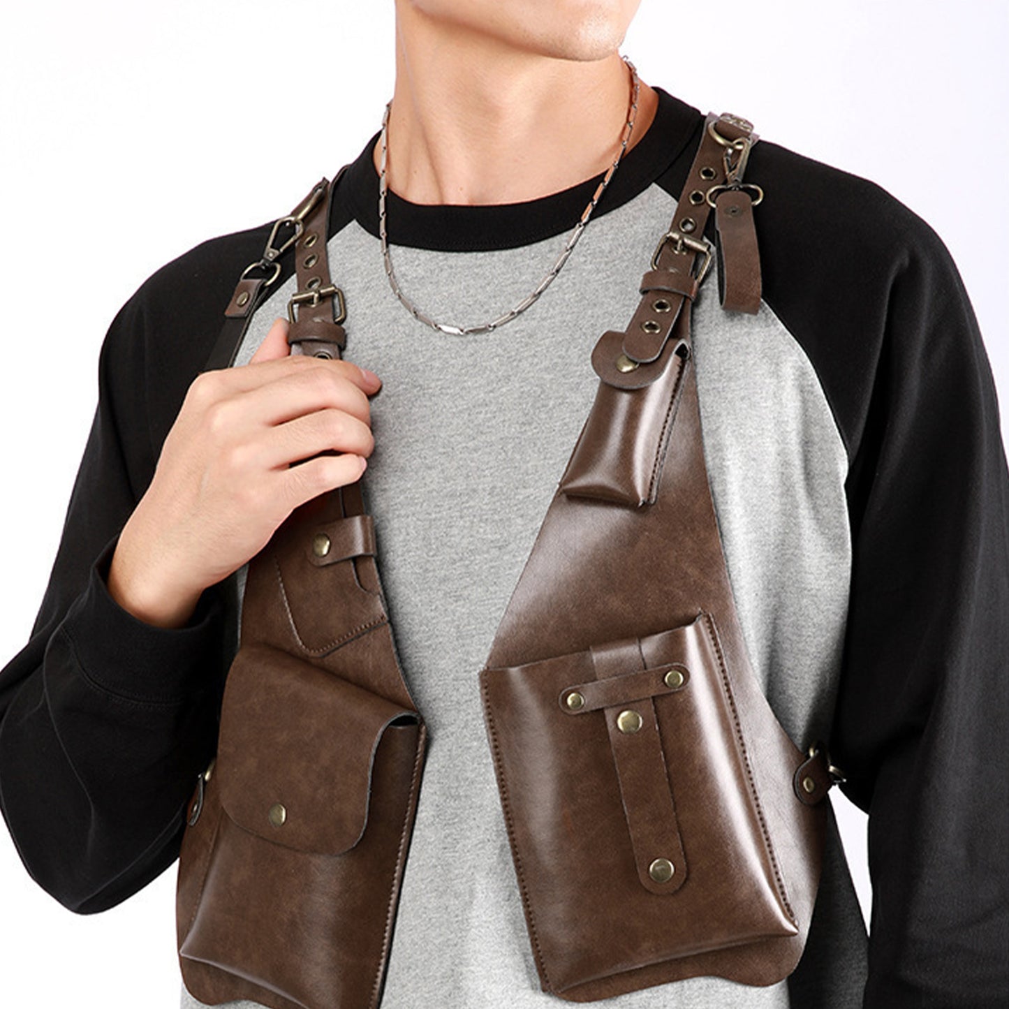 Hompres Multi-Pocket Large Capacity Abrasion-Resistant PU Vest Bag