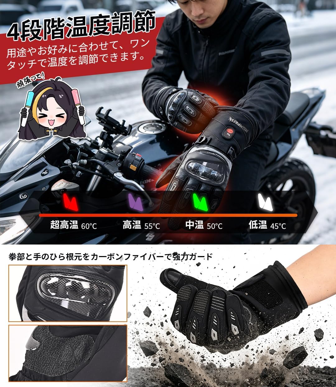 Hompres 電熱グローブ バイク用 11.1V両面全体発熱 3WAY給電対応（Type-C・シガーソケット・バッテリー）4段階温度調節 ナックルガード 撥水 防寒 スマホ対応 滑り止め ツーリング スキー