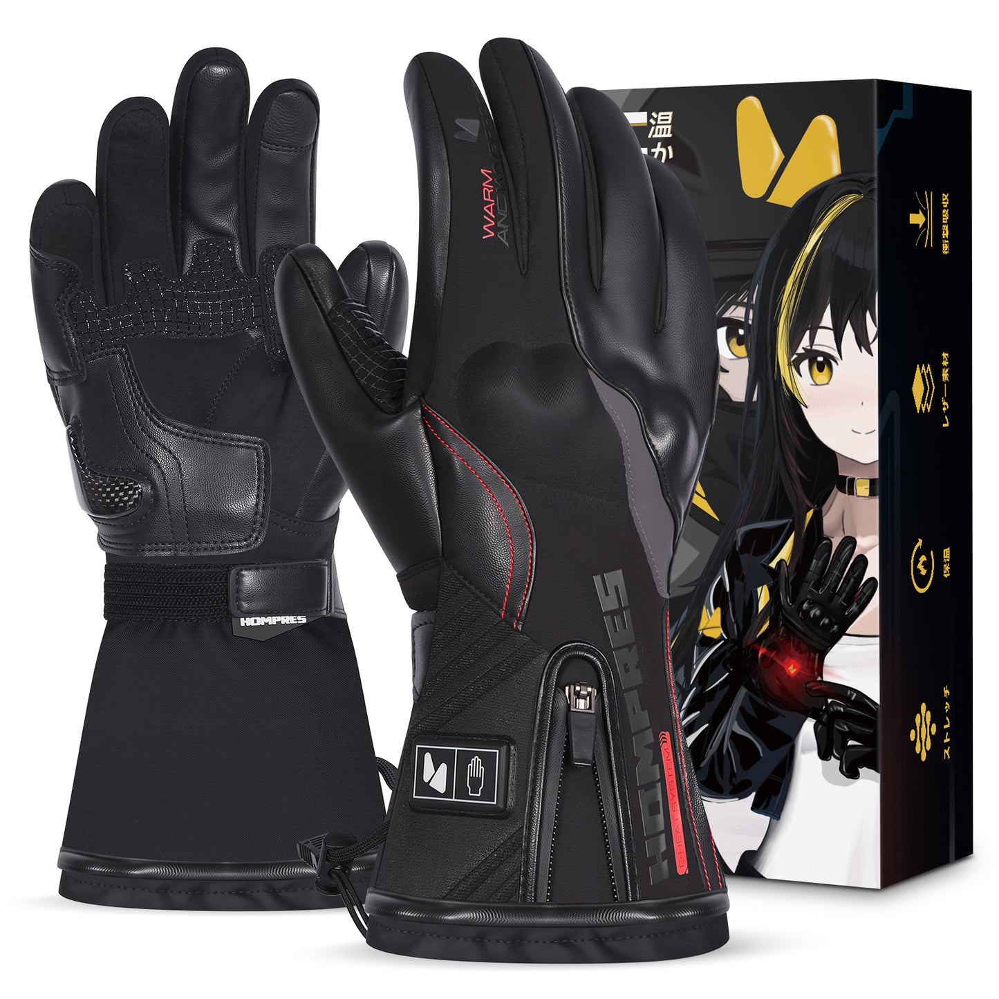 Hompres 2025年 電熱グローブ 11.1V両面全体発熱 手のひらと同面の指先発熱 発熱エリア制御 シガー電源ケーブル付き インナーグローブ付き モデルA