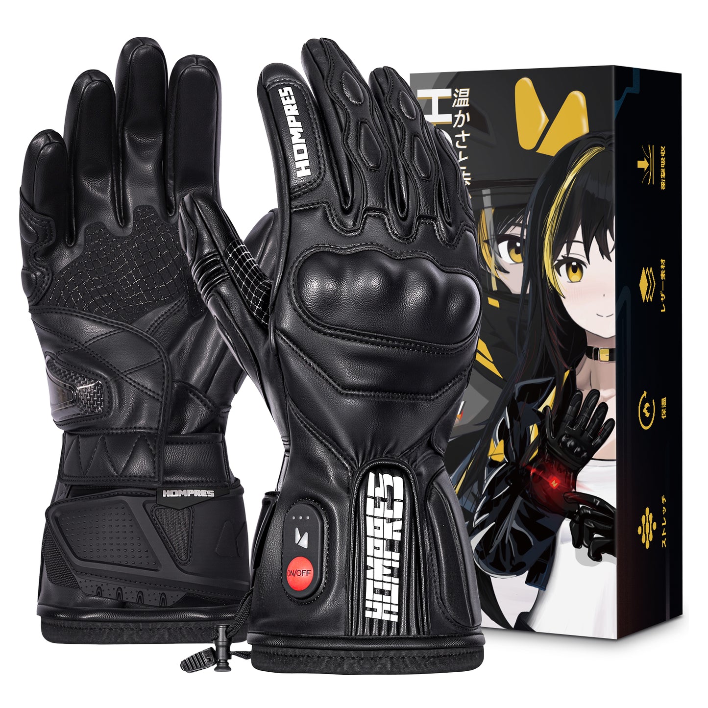 Hompres 2025年 電熱グローブ 全体PU革電熱グローブ 11.1V両面全体発熱 手のひらと同面の指先発熱 残量表示 シガー電源ケーブル付き インナーグローブ付き モデルB