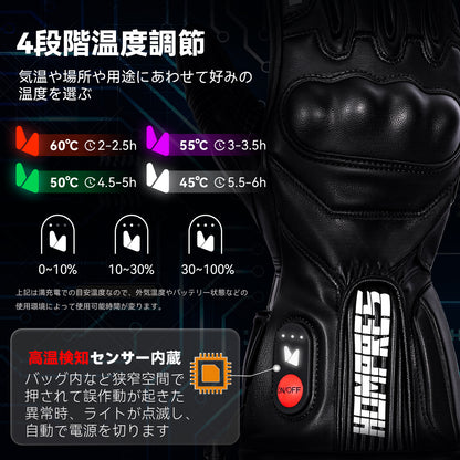 Hompres 2025年 電熱グローブ 全体PU革電熱グローブ 11.1V両面全体発熱 手のひらと同面の指先発熱 残量表示 シガー電源ケーブル付き インナーグローブ付き モデルB