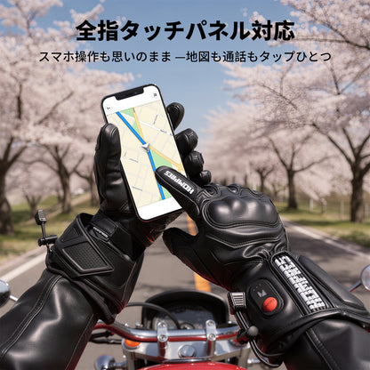 Hompres 全体PU革電熱グローブ 11.1V両面全体発熱 Type-C給電 春秋兼用 手のひらと同面の指先発熱 残量表示 バイク用 4段階温度 防寒ヒーター手袋 Type-C給電 スマホ対応 滑り止め メンズ レディース