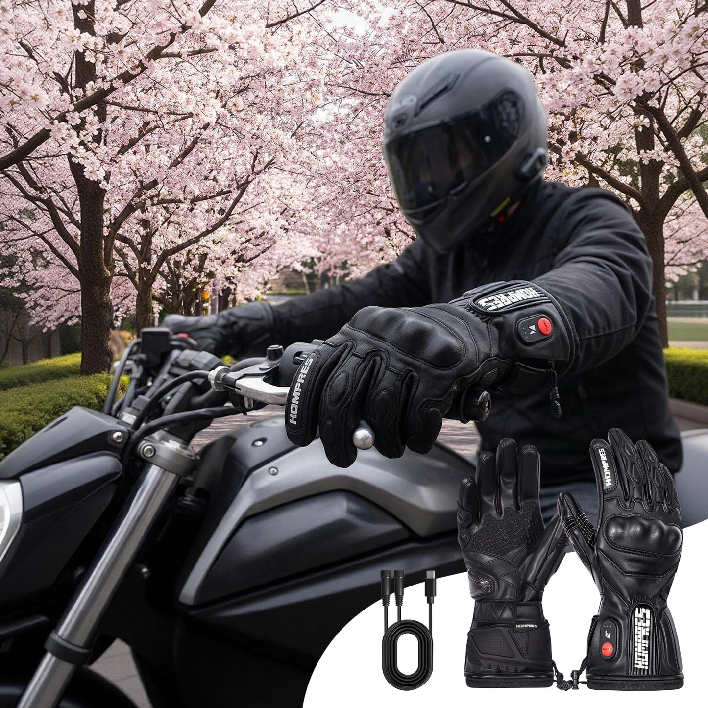 Hompres 全体PU革電熱グローブ 11.1V両面全体発熱 Type-C給電 春秋兼用 手のひらと同面の指先発熱 残量表示 バイク用 4段階温度 防寒ヒーター手袋 Type-C給電 スマホ対応 滑り止め メンズ レディース